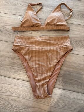 Aerie Ribbed Two-Piece Bikini Set in Warm Tan with a bronze look